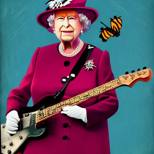 Image similar to Queen Elizabeth II rocking out on guitar, on stage at Coachella, photorealism