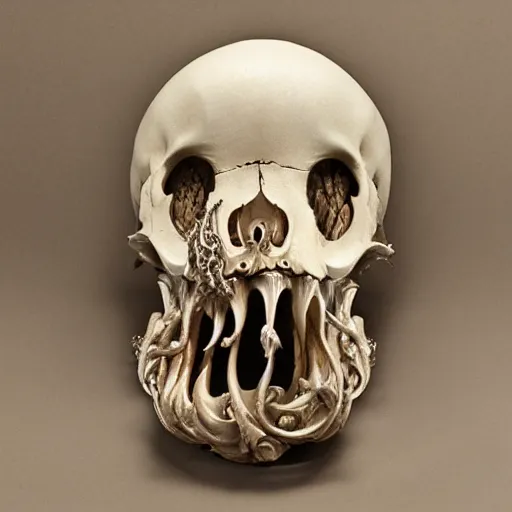 Prompt: an intricately detailed carving in an wolf - octopus skull, rococo ornate bone and ivory sculpted skull with teeth and tentacles, horror, artifact, micro detailed, inscribed with occult symbols, otherworldly