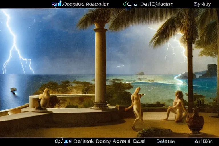 Image similar to mediterranean balustrade, refracted lightnings on the ocean, thunderstorm, greek pool, beach and Tropical vegetation on the background major arcana sky and occult symbols, by paul delaroche, hyperrealistic 4k uhd, award-winning, very detailed paradise