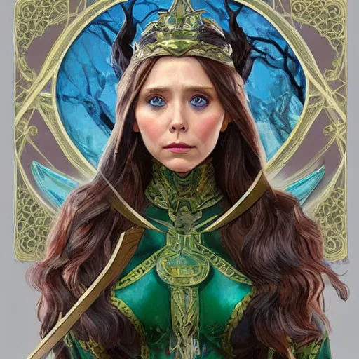 Image similar to Elizabeth Olsen as a elf archer, cute, fantasy, intricate, elegant, highly detailed, centered, digital painting, artstation, concept art, smooth, sharp focus, illustration, art by artgerm and H R Giger and alphonse mucha