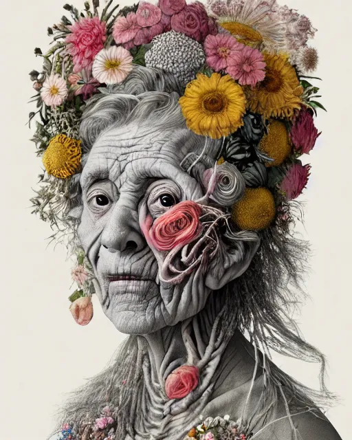 Image similar to a portrait of a fleshy old woman covered in flowers in the style of guiseppe arcimboldo and james jean, covered in wispy gray hair with a hint of neon, hd 3 d, highly detailed and intricate. centred in image.