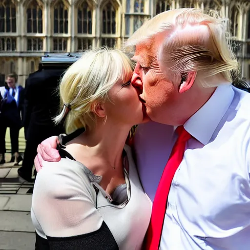 Image similar to a paparazzi photo of boris johnson kissing donald trump along the houses of parliament, london, the sun newspaper, detailed, canon eos, f / 1. 2, 2 0 0 mm lens, photograph