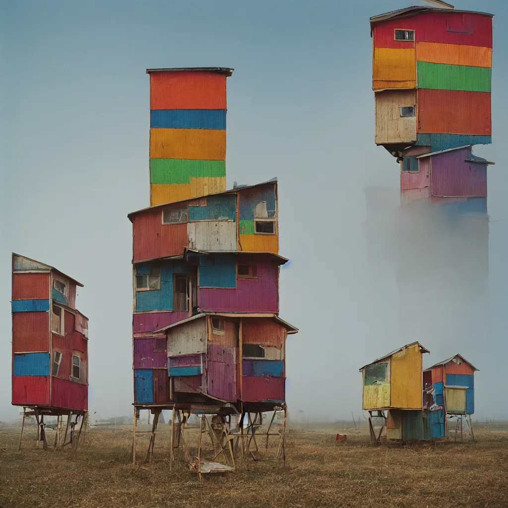 Prompt: two colourful towers, made up of stacked makeshift squatter shacks, bleached colours, plain uniform sky at the back, misty, mamiya, f 1. 8, ultra sharp, very detailed, photographed by julie blackmon