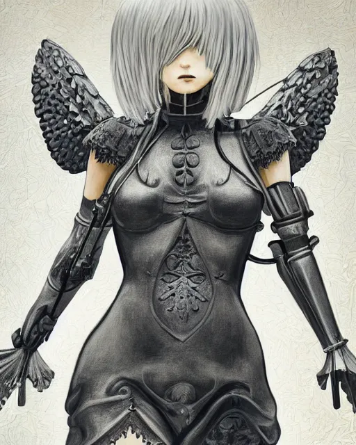 Prompt: hybrid nierautomata painting, ambient lighting, infinitely detailed body and face, cute and fine face and body. angel relief, fine art, infinitely detailed architectures. clothes