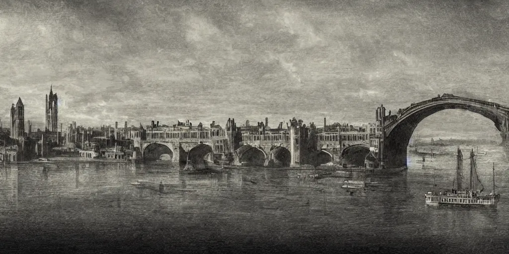 Image similar to illustration, ancient London, city buildings on top of tall bridge structure, over the ocean, tall arches, fading off to the horizon, steam punk