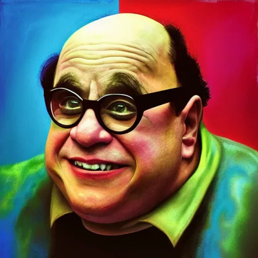 Image similar to Danny DeVito, neo brutralism, colorful, oilpainting, hyperrealistic, cgsociety, octane render, in the style of Mark Rothko, Edward Hopper and Akihiko Yoshida