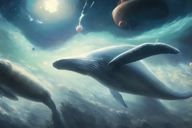 Prompt: a giant whale floating in outer - space, galaxies, stars, planets, star dust, ultra detailed, realistic, octane render, jesper ejsing, james jean, justin gerard, tomasz alen kopera, cgsociety, fenghua zhong, makoto shinkai, highly detailed, rim light, art, cinematic lighting, very coherent, 8 k