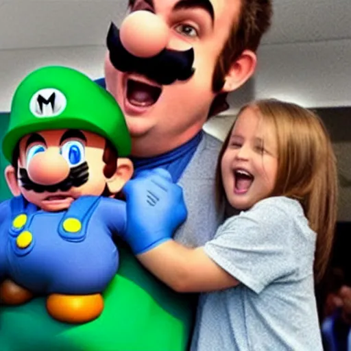 Prompt: a large super mario smiling while holding a screaming crying kid in his arms