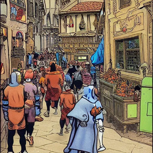 Prompt: Astronaut in a busy medieval street, comic book style, Moebius