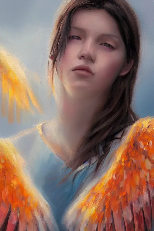 Image similar to oil painting, a girl with a pair of colored wings behind her, sunlit, paint texture, digital painting, highly detailed, artstation, sharp focus, illustration, concept art