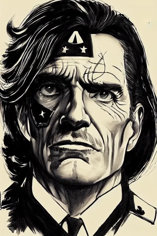 Prompt: beautiful portrait commission of a handsome Bryan Cranston as captain america in a vintage gothic style. black hair. pale skin, black makeup. character design by ralph steadman, detailed, inked, western comic book art