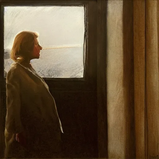 Image similar to high quality, high detail, realistic portrait of susan taslimi, painted by andrew wyeth, dramatic lighting, cinematic composition