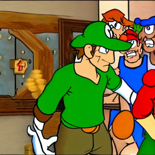 Image similar to shaggy rogers fighting ( ( ( mario ) ) )