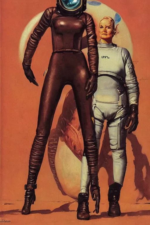 Image similar to 5 0 s pulp scifi fantasy illustration full body portrait slim mature woman in leather spacesuit on mars, by norman rockwell, roberto ferri, daniel gerhartz, edd cartier, jack kirby, howard v brown, ruan jia, tom lovell, frank r paul, jacob collins, dean cornwell, astounding stories, amazing, fantasy, other worlds