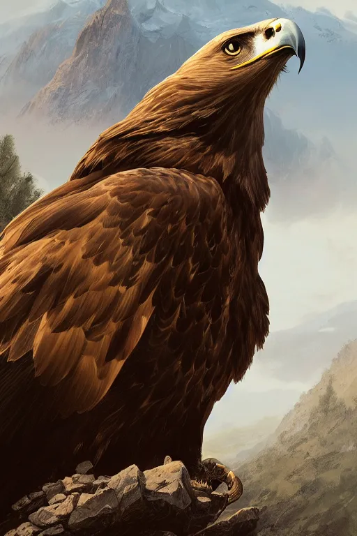 Image similar to portrait, golden eagle on his Nest in the mountains, face portrait, raphael lacoste, eddie mendoza, alex ross, concept art, matte painting, highly detailed, rule of thirds, dynamic lighting, cinematic, detailed, denoised, centerd