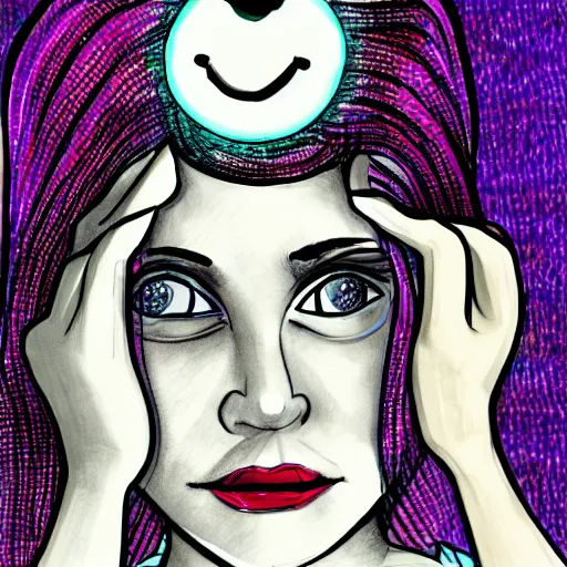 Image similar to tired girl in pyjamas working on computer, tired, rings around eyes, digital art