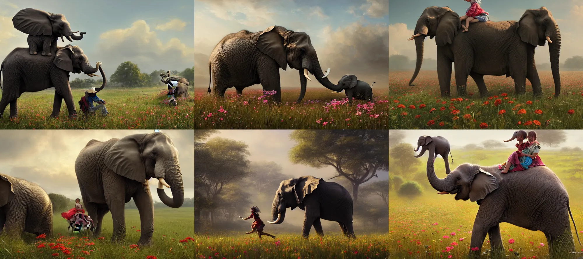 Prompt: an elephant is ridden by a child in a field of flowers by Greg Rutkowski, Sung Choi, Johnson Ting, Maxim Verehin, Peter Konig, Marco lense, photorealistic 8k, cinematic lighting, HD, high detail, atmospheric, trending on artstation