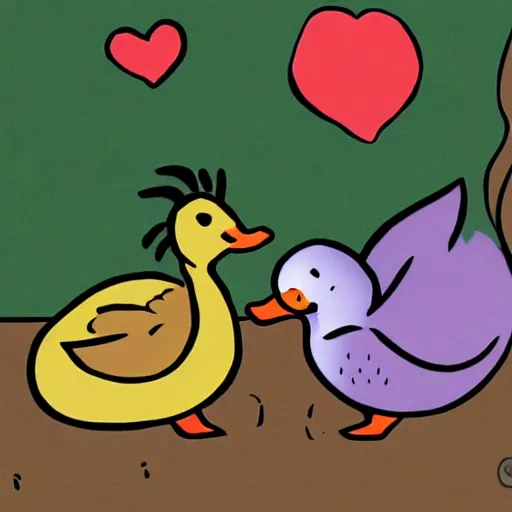 Prompt: a kitten and a duck in love cartoon