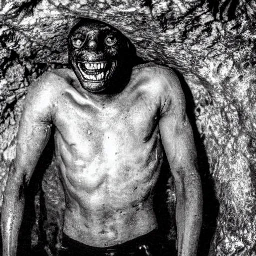 Image similar to photo inside a cavern of a wet reptilian humanoid rapper partially hidden behind a rock, with black eyes, open mouth and big teeth