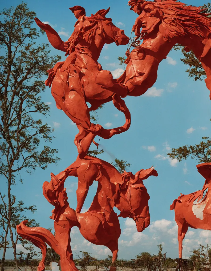 Image similar to a cowboy turning into blooms by slim aarons, by zhang kechun, by lynda benglis. tropical sea slugs, angular sharp tractor tires. complementary colors. warm soft volumetric light. national geographic. 8 k, rendered in octane, smooth gradients. manly cowboy riding a horse sculpture by antonio canova. red accents.