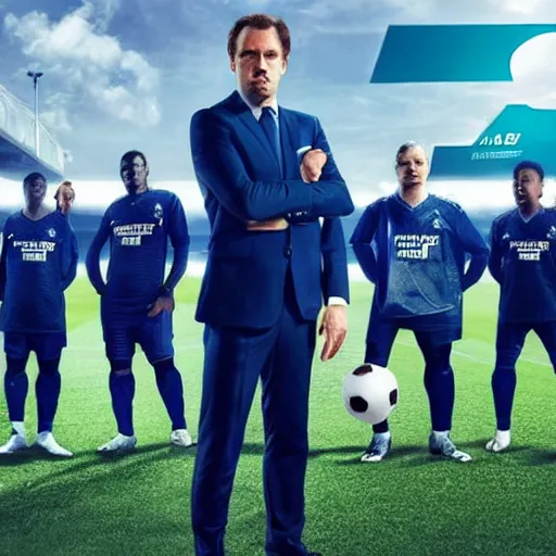 Prompt: a glossy promotional image for the upcoming sports thriller movie 'Football Manager'