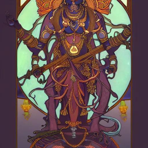 Prompt: dark Hindu deity, symmetric, with 6 arms, ultra realistic, fantasy, intricate, by alphonse mucha and ghibli style, trending on artstation