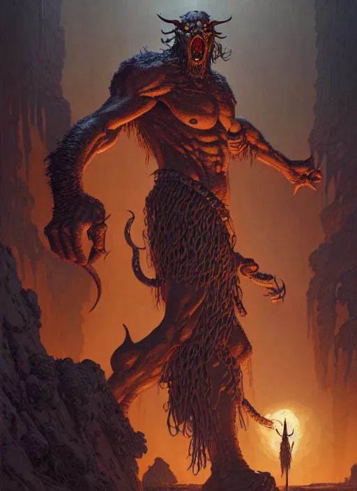 Image similar to masterpiece concept art, cralfurion the ancient demon, by geoff darrow and greg rutkowski and greg darrow, 8 k, intricate detail, cinematic lighting