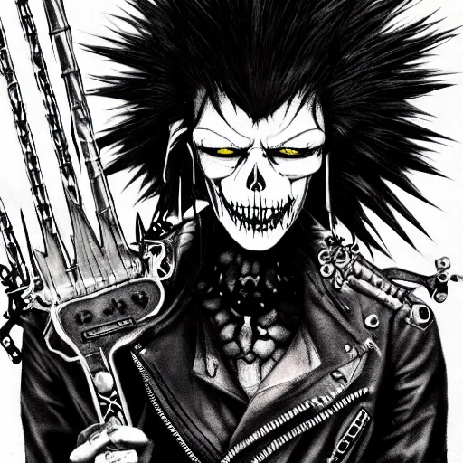 Image similar to a portrait of the grim reaper as a punk rocker playing an electric guitar, punk, skeleton face, mohawk, dark, fantasy, leather jackets, spiked collarsand wristbands, piercings, boots, ultrafine detailed pencil art on paper by frank frazetta and vito acconci and and takeshi obata, death note style, symetric body, sharp focus