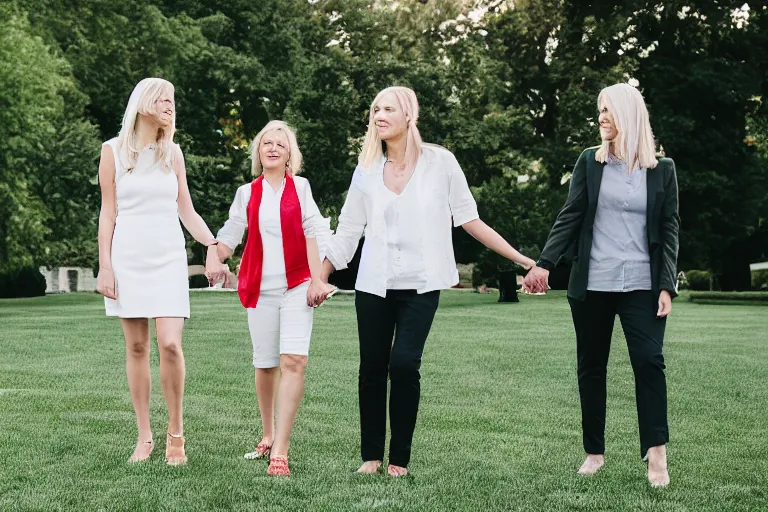 Image similar to 3 5 year old blonde female president, walking in the white house rose garden, holding hands with her two younger boyfriends, professional photo, dslr, bokeh