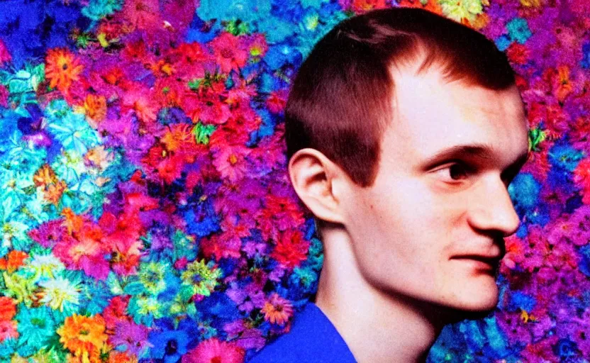 Image similar to a dreamy retro 8 0 s photo of vitalik buterin, bloomy, colorful, awesome, by dave mckean