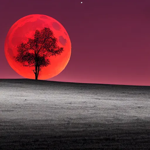 Prompt: Rolling hills at night, blood red moon, solitary tree, 4K