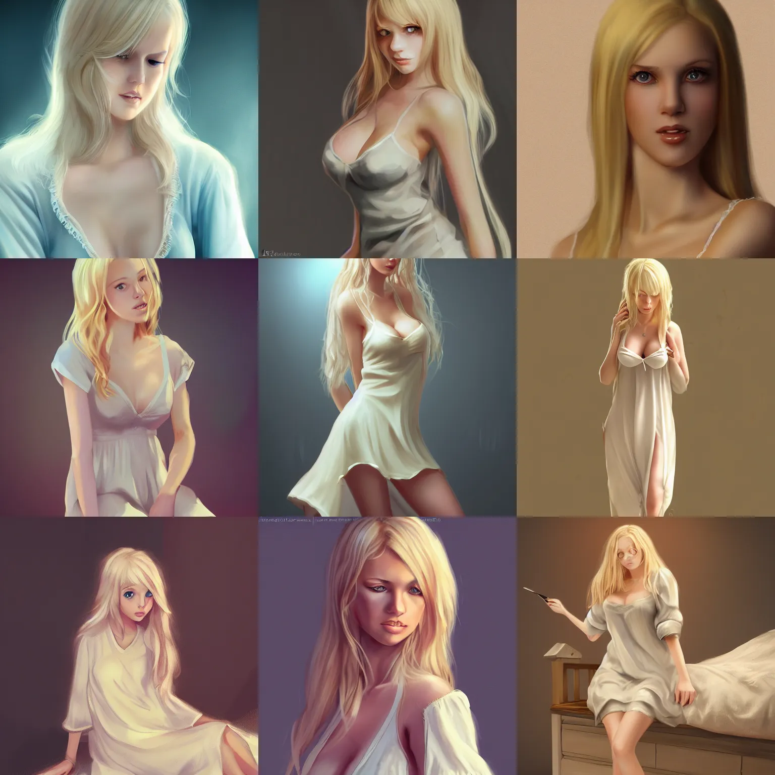 Prompt: blonde swedish girl in nightgown, wlop, artstation,