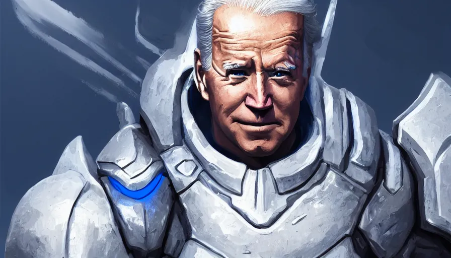 Image similar to joe biden in white armor with blue lights in it, white background, hyperdetailed, artstation, cgsociety, 8 k