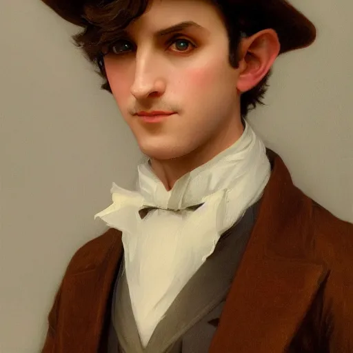 Image similar to detailed portrait painting of gentleman elf wearing brown tuxedo by William-Adolphe Bouguereau, fantasy, artstation, deviantart, dungeons & Dragons, RPG