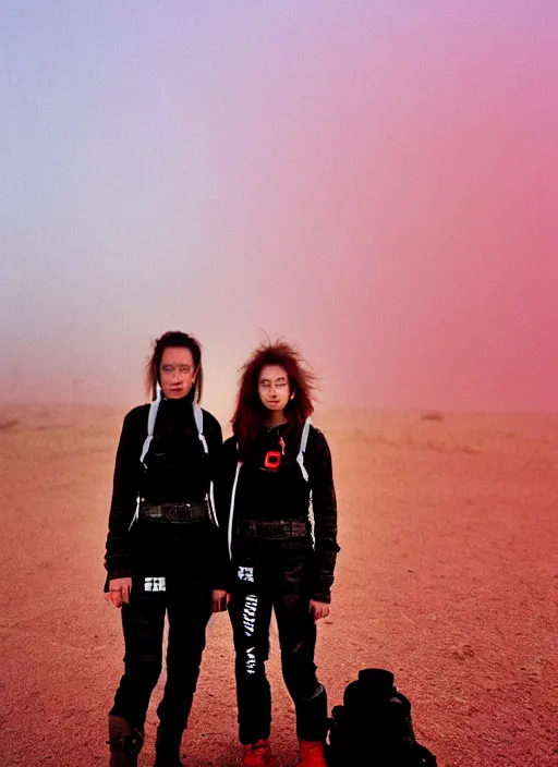 Image similar to cinestill 5 0 d 3 5 mm photographic portrait of two loving female androids wearing rugged black techwear on a desolate plain with a red sky, extreme closeup, lizard on ground, cyberpunk style, a brutalist dark metal facility in background, dust storm, 8 k, high resolution, f / 3. 2, ultra realistic faces