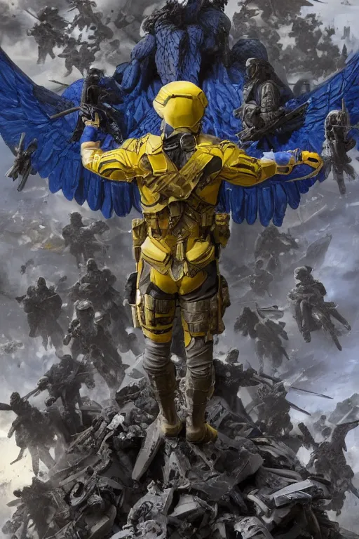 Image similar to A distant shot of a super soldier with a Ukrainian blue and yellow uniform with wings is standing on a pile of skulls, Call of Duty, marvel comics, dark, intricate, highly detailed, smooth, artstation, digital illustration by Ruan Jia and Mandy Jurgens and Artgerm and Wayne Barlowe and Greg Rutkowski and Frank Frazetta