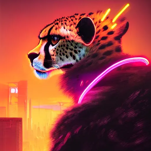 Image similar to a beautiful commission portrait of a male anthro cheetah wearing a neon jacket,futuristic,detailed face,mohawk,cyberpunk city,deviantart,artstation,art by greg rutkowski,ross tran,professional lighting,neon city,night,raytracing,highly realistic,4k,dramatic,hyperrealism