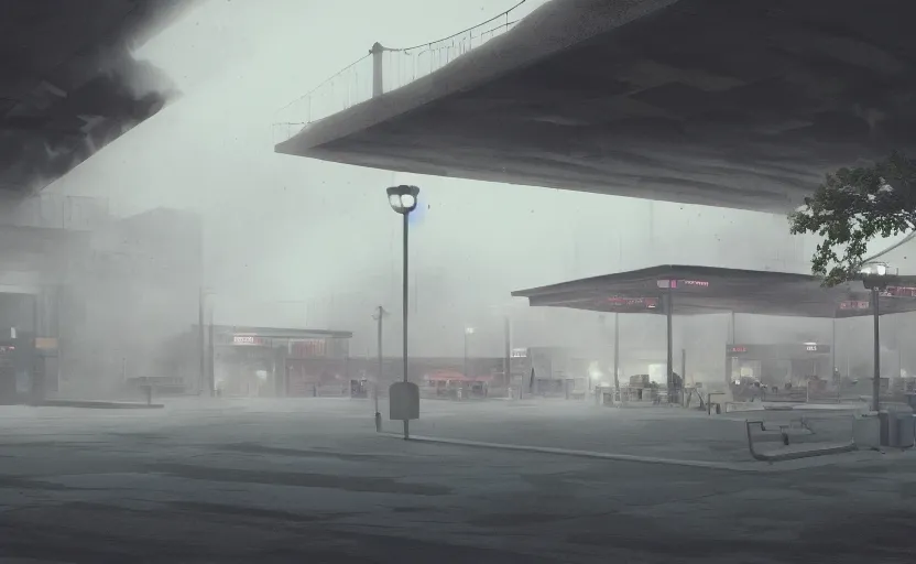 Image similar to a strange exterior of the port byron travel plaza in upstate new york, moody scene directed by charlie kaufman ( 2 0 0 1 ) anamorphic lenses, foggy volumetric light morning, cinematic trending on artstation in the style of greg rutkowski