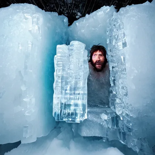 Image similar to caveman encased in a huge block of ice. national geographic. contest winning. trapped, stuck, fixed, immobile, surrounded, snowy