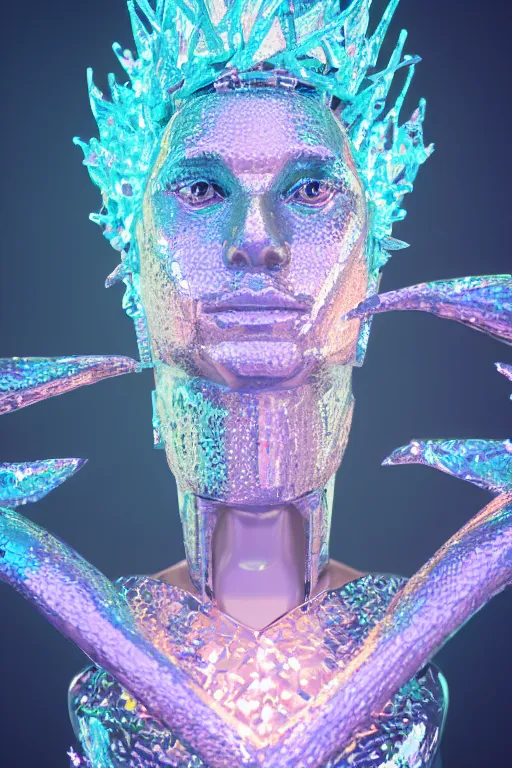 Prompt: hyper detailed ultra sharp portrait of baroque and bladerunner delicate neon diamond sculpture of seductive albino pharaoh kit butler, diamond pink sphinx iridescent humanoid deity wearing metallic hoody made out of hands holding the sun prismatic dungeon, glowing blue face, crown of white diamonds, cinematic lighting, photorealistic, octane render 8 k depth of field 3 d