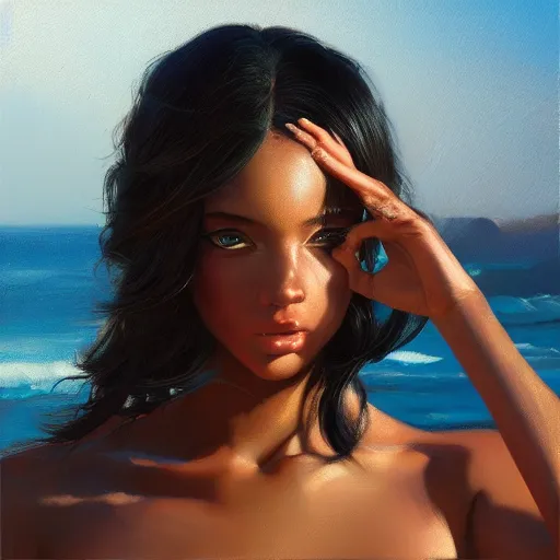 Prompt: oil painting by ilya kuvshinov,, baugh casey, artgerm craig mullins, coby whitmore, of a youthful black girl, long hair, fully clothed bikini at the beach, highly detailed, breathtaking face, studio photography, noon, intense bounced light, water reflection, large tree casting shadow, serine intense sunlight in the style of zack snyder