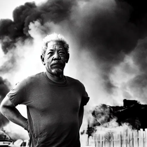 Image similar to a photo of a house burning down in the background and morgan freeman with an eerie expression in the foreground, strong depth of field