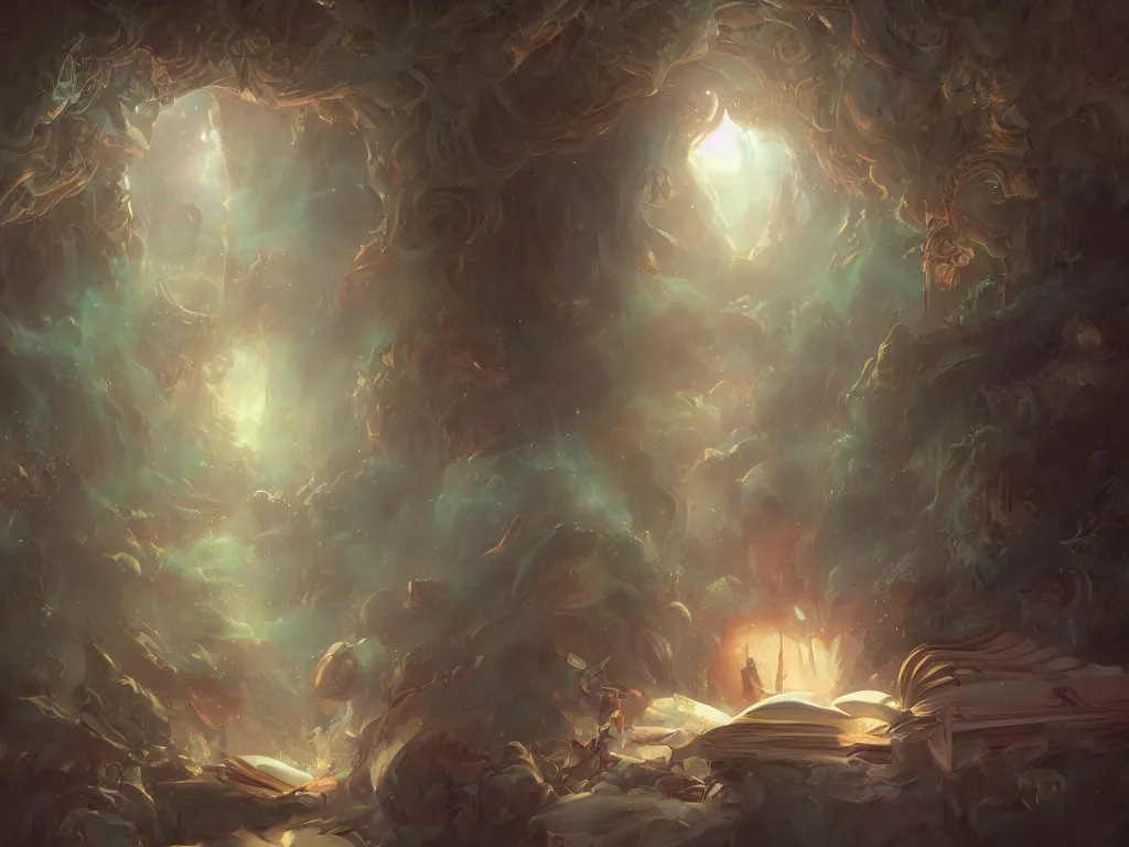 Image similar to detailed painting of a magical book that is a portal to a fantasy realm by Krenz Cushart, fantasy, dramatic light