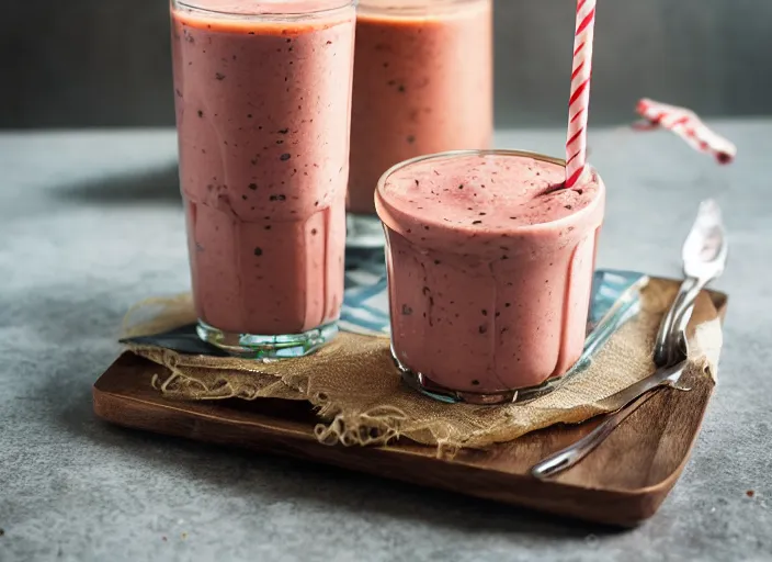 Prompt: dslr food photograph of a ground beef milkshake in a glass with a striped straw, 8 5 mm f 1. 8