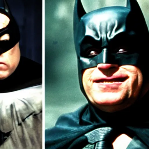 Prompt: Danny Devito as Batman, still image from Batman movie, shot of face