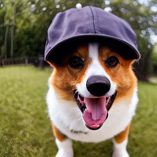 Prompt: Corgi with a cool baseball cap. Fish Eye Lens