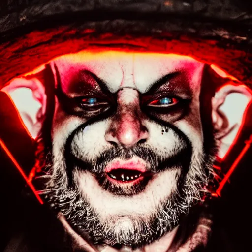 Image similar to a close up of a Rabbi that is the devil with horns looking at the camera in anger, cyberpunk art, neon, satan, red skin, dark, ominous, haunting, sinister, close-up, studio lighting, red lighting, scary, horror, dark,