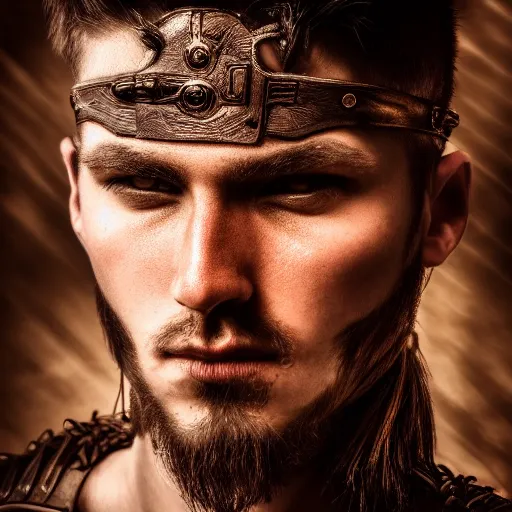 Prompt: portrait of a male warrior with half face,fantasy, D&D, HDR, natural light, dynamic pose, award winning photograph, 8k, Mucha style,