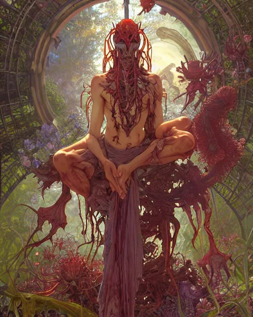 Image similar to the platonic ideal of flowers, rotting, insects and praying of cletus kasady carnage davinci dementor chtulu mandala ponyo dinotopia the witcher, fantasy, ego death, decay, dmt, psilocybin, concept art by randy vargas and greg rutkowski and ruan jia and alphonse mucha