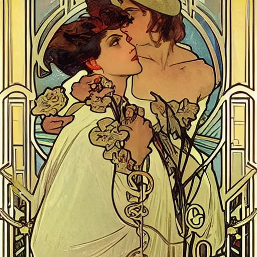 Prompt: alphonse mucha and j. c. leyendecker collaborative art